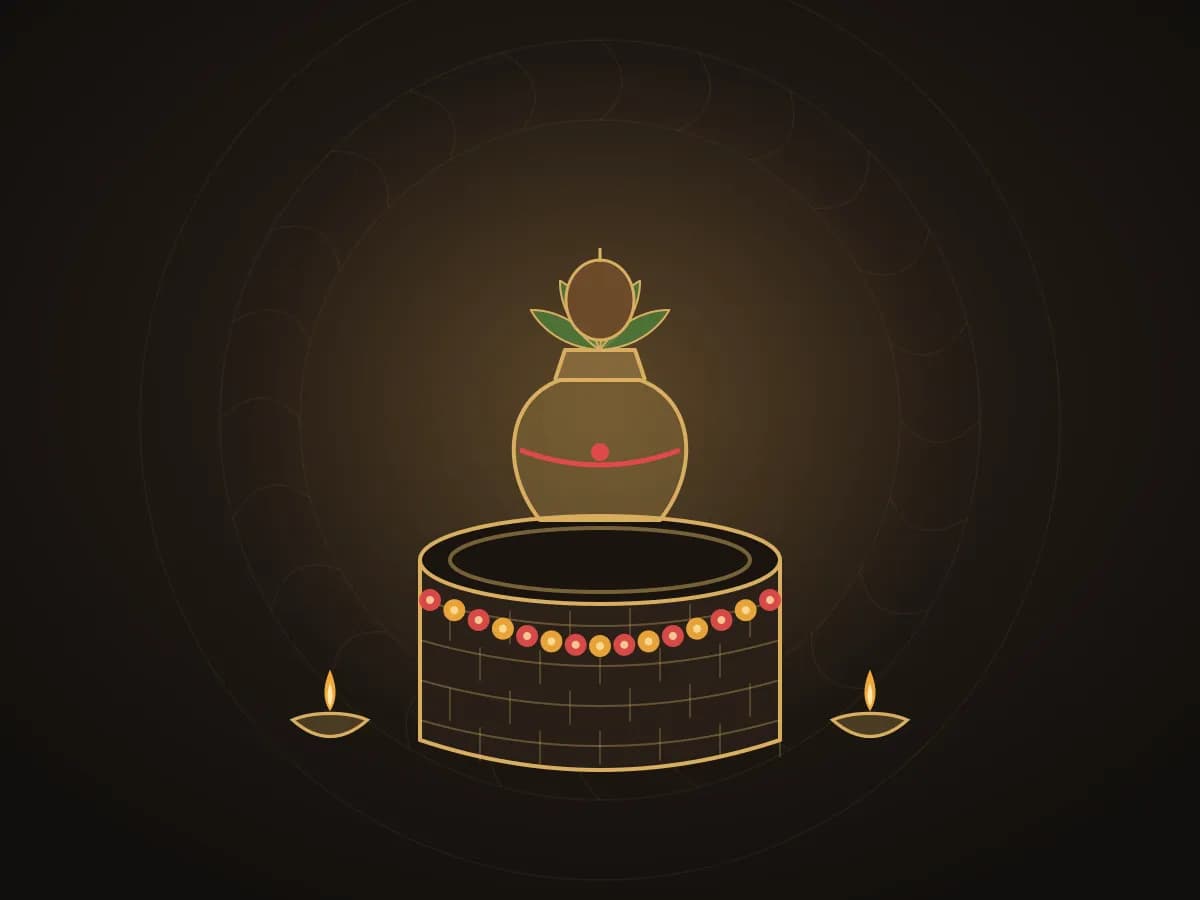Illustration of a kalash at a well for Kuan Poojan